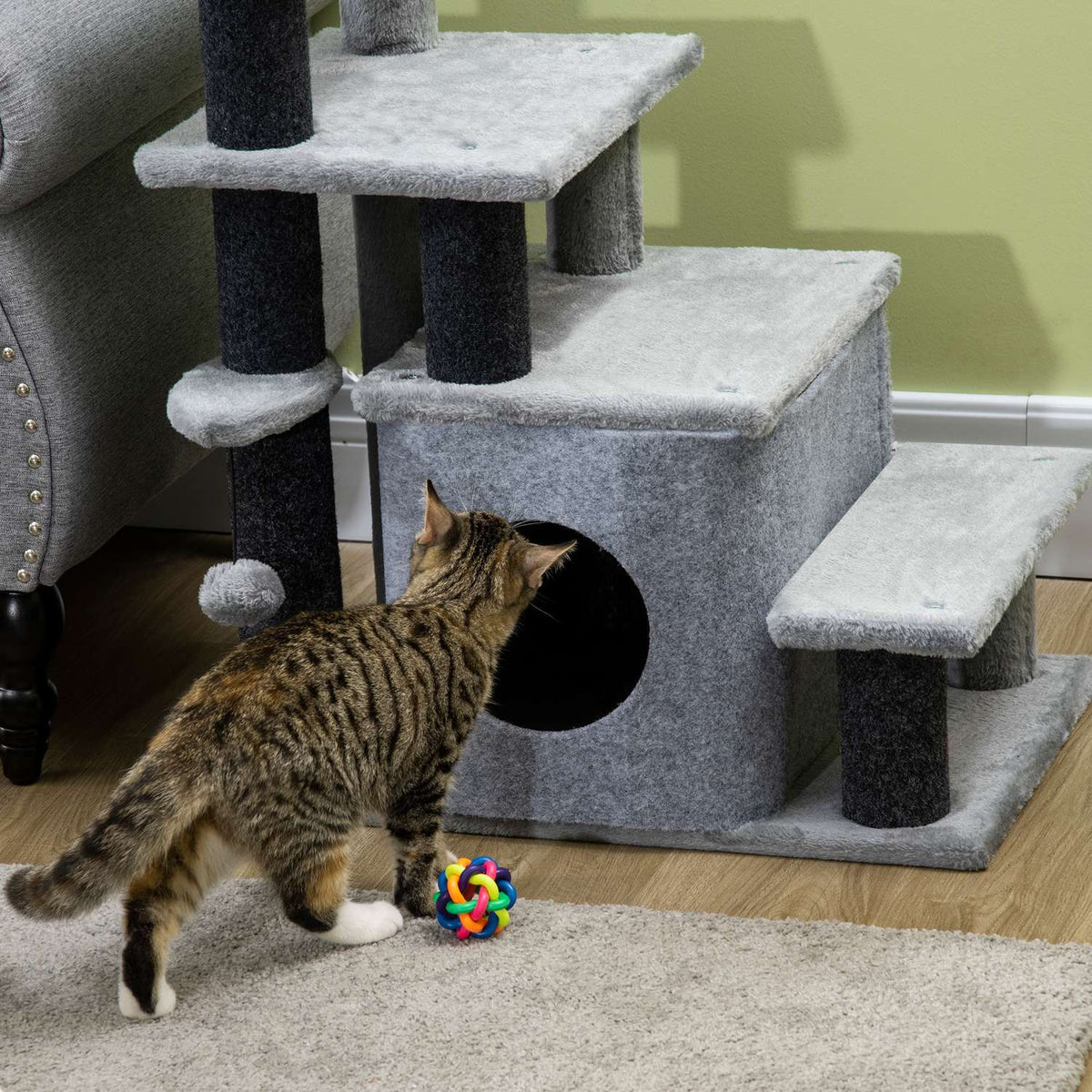 Pet Stairs 3/4 Step Cat Stairs With Sleeping Cave & Hanging Play Ball Chipboard Plush