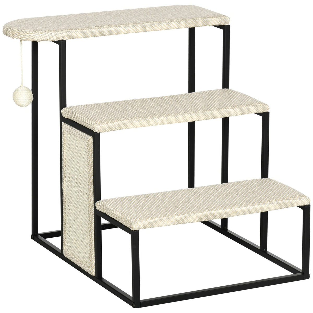 Pet Stairs 3-Step Cat Stairs Dog Stairs With Scratching Board And Hanging Play Ball Animal Stairs Steel Sisal Cream White + Black 51X54X53Cm