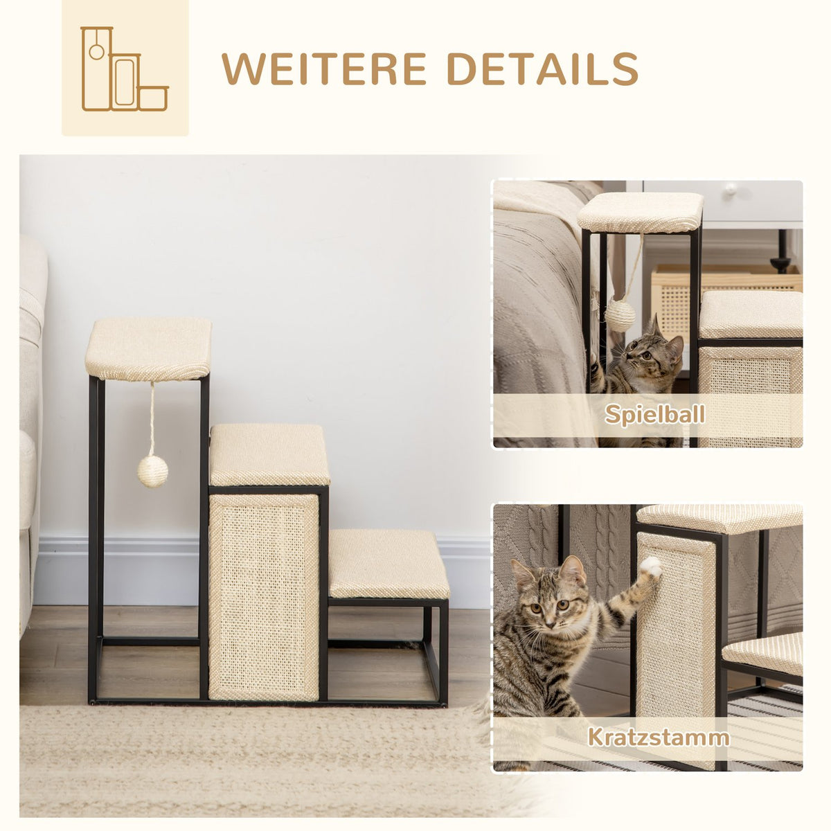 Pet Stairs 3-Step Cat Stairs Dog Stairs With Scratching Board And Hanging Play Ball Animal Stairs Steel Sisal Cream White + Black 51X54X53Cm