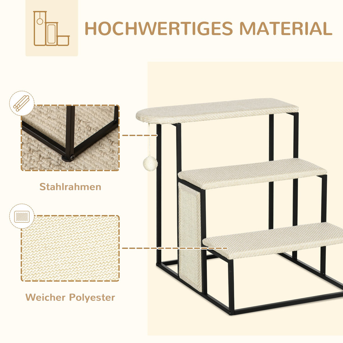 Pet Stairs 3-Step Cat Stairs Dog Stairs With Scratching Board And Hanging Play Ball Animal Stairs Steel Sisal Cream White + Black 51X54X53Cm