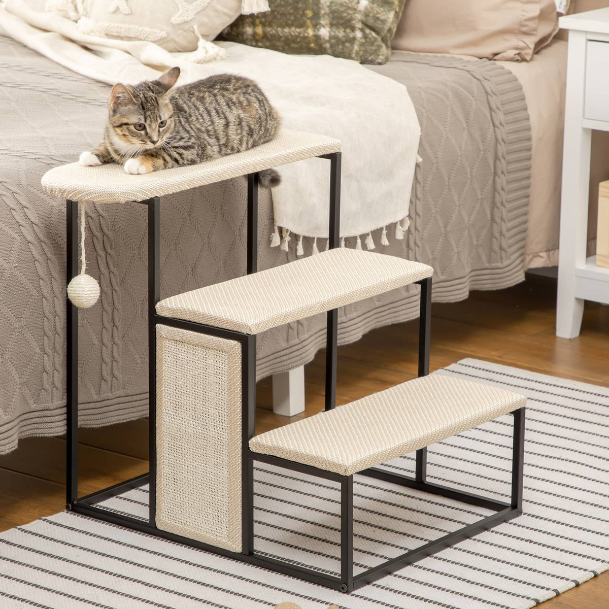 Pet Stairs 3-Step Cat Stairs Dog Stairs With Scratching Board And Hanging Play Ball Animal Stairs Steel Sisal Cream White + Black 51X54X53Cm