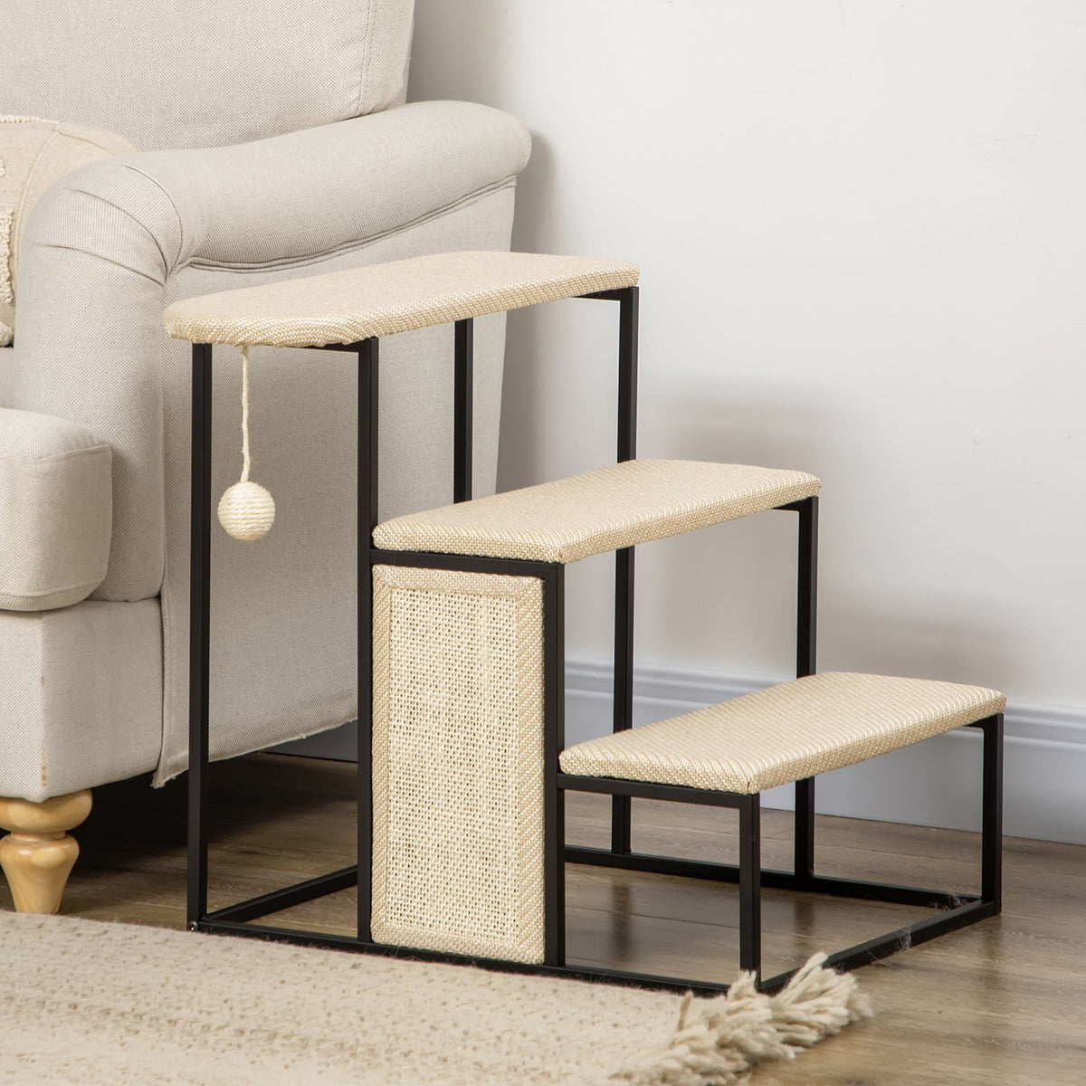 Pet Stairs 3-Step Cat Stairs Dog Stairs With Scratching Board And Hanging Play Ball Animal Stairs Steel Sisal Cream White + Black 51X54X53Cm