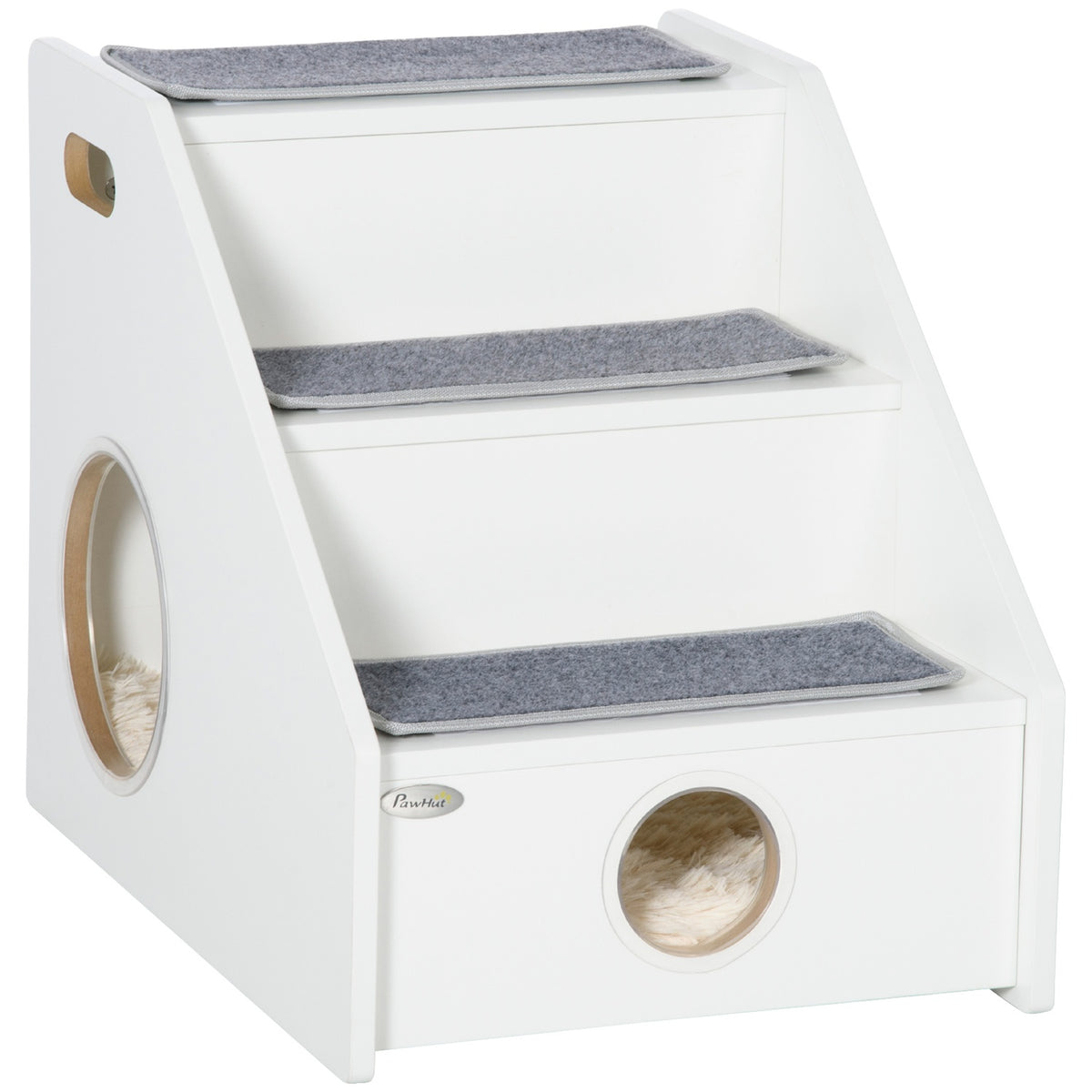 Pet Stairs 3 Step Dog Ramp With Sleeping Cave & 3 Carpets, Non-Slip For Small Dogs And Cats, Plush, White