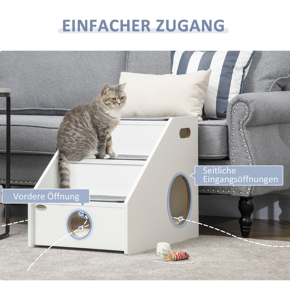 Pet Stairs 3 Step Dog Ramp With Sleeping Cave & 3 Carpets, Non-Slip For Small Dogs And Cats, Plush, White