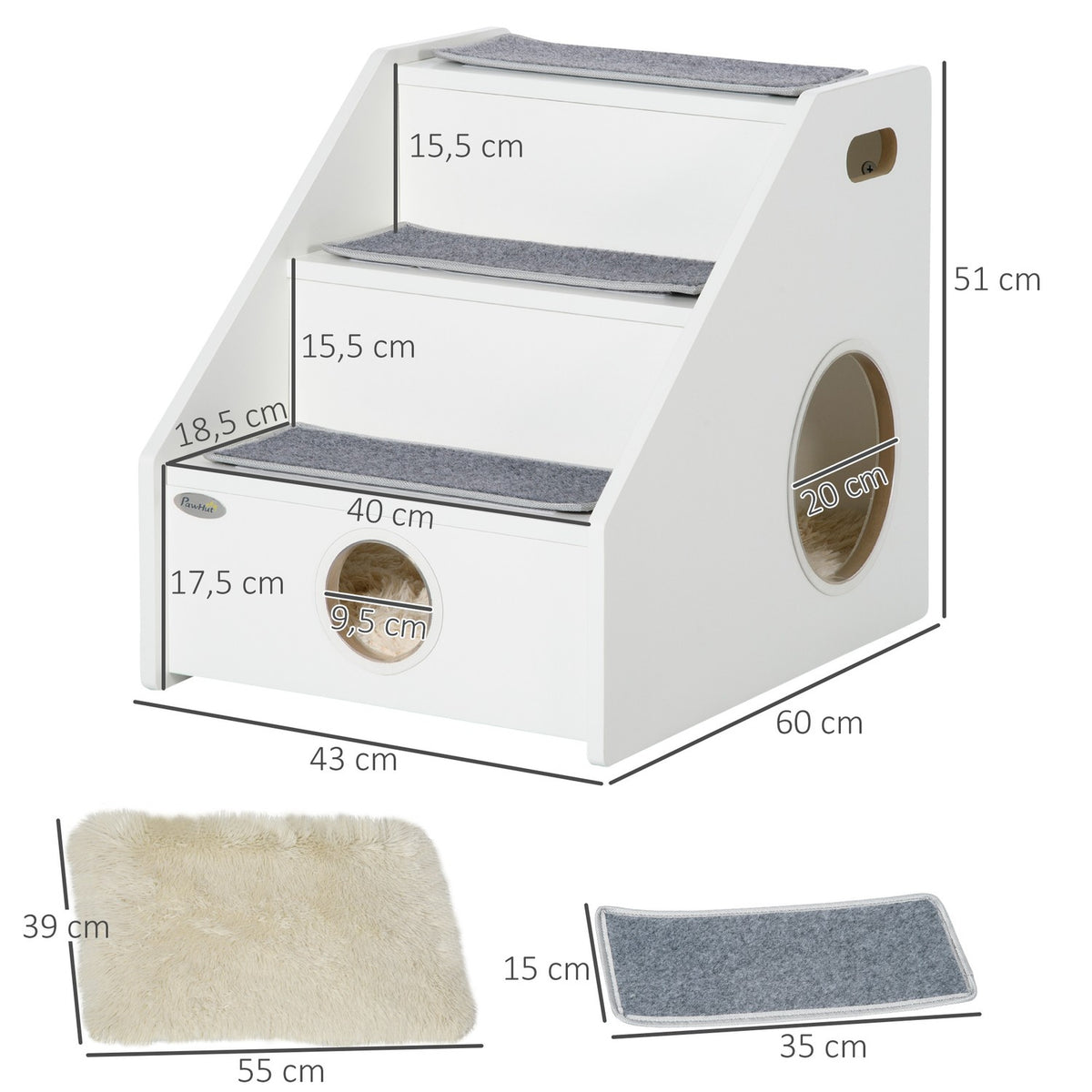 Pet Stairs 3 Step Dog Ramp With Sleeping Cave & 3 Carpets, Non-Slip For Small Dogs And Cats, Plush, White