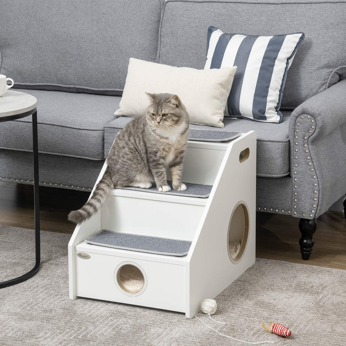 Pet Stairs 3 Step Dog Ramp With Sleeping Cave & 3 Carpets, Non-Slip For Small Dogs And Cats, Plush, White