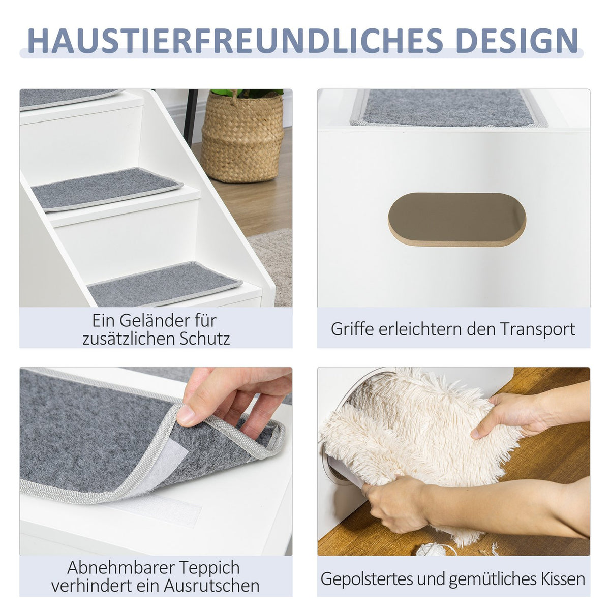 Pet Stairs 3 Step Dog Ramp With Sleeping Cave & 3 Carpets, Non-Slip For Small Dogs And Cats, Plush, White