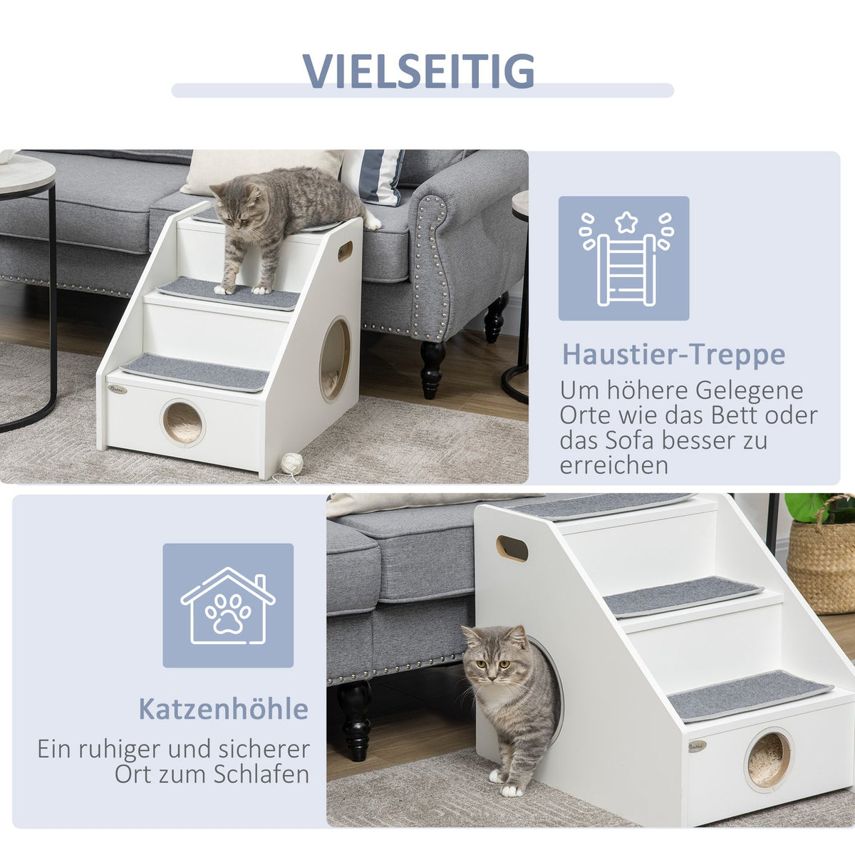 Pet Stairs 3 Step Dog Ramp With Sleeping Cave & 3 Carpets, Non-Slip For Small Dogs And Cats, Plush, White