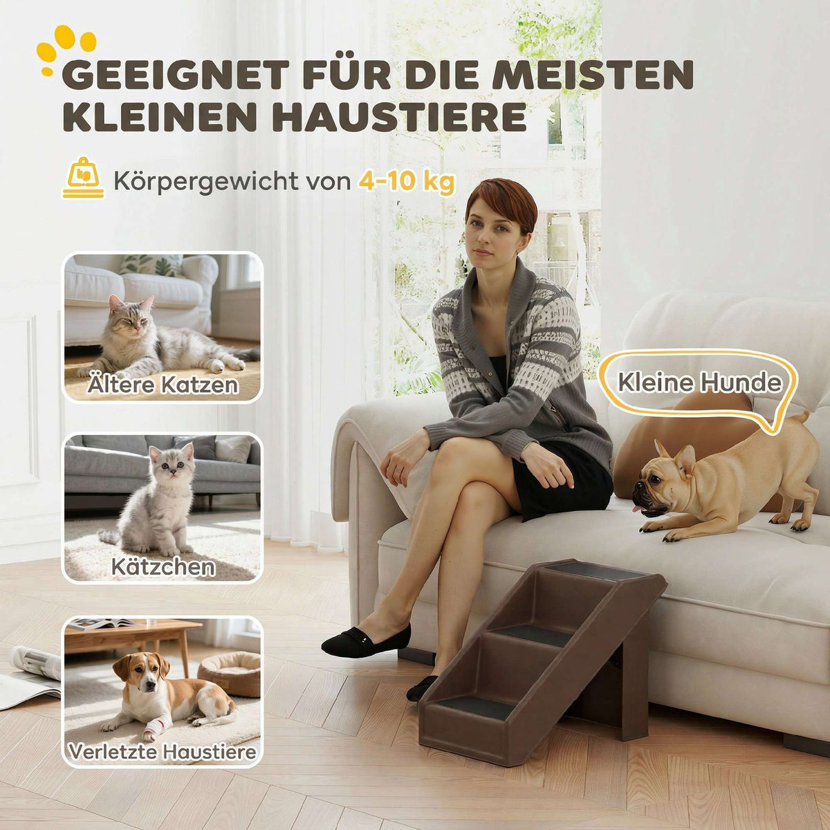 Pet Stairs, 3 Steps, Foldable, 36.5 cm High, Brown