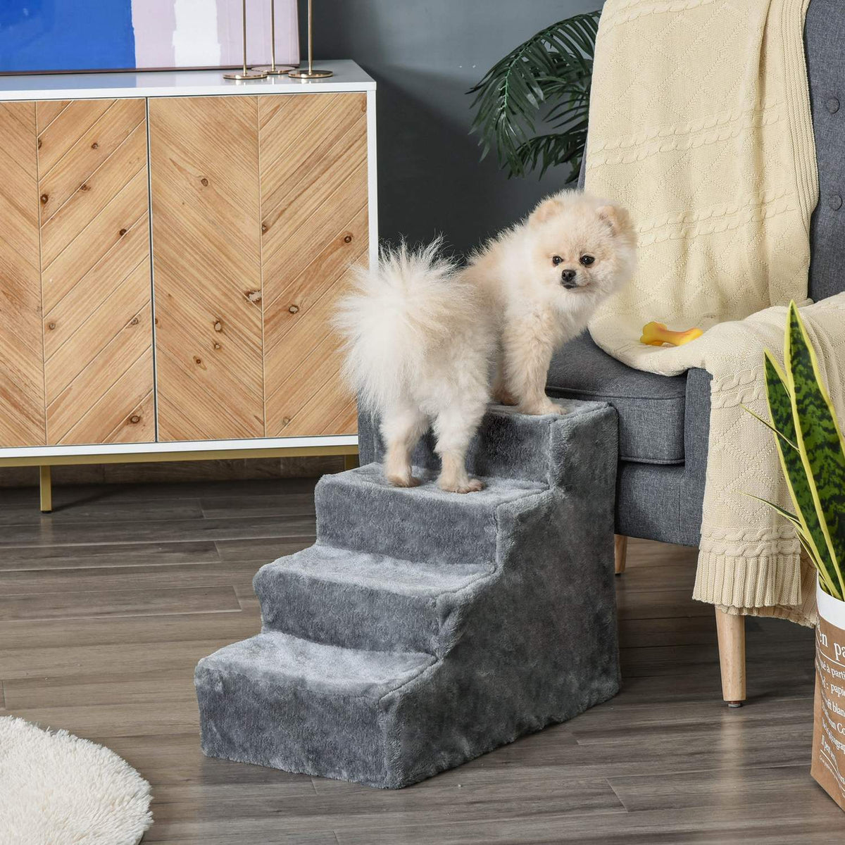 Pet Stairs 4-Step Dog Ramp With Removable Cover, Cat Stairs, Chipboard, Plush, Gray, 60X35X44Cm