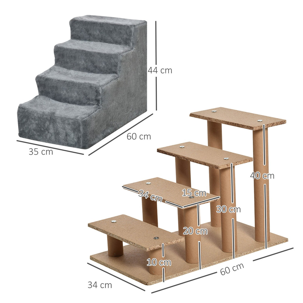 Pet Stairs 4-Step Dog Ramp With Removable Cover, Cat Stairs, Chipboard, Plush, Gray, 60X35X44Cm