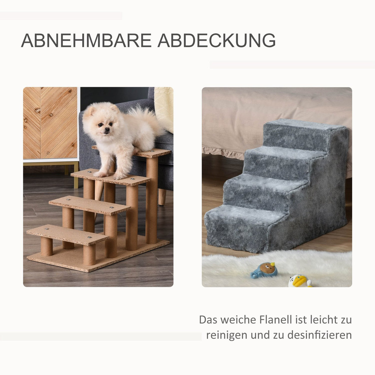 Pet Stairs 4-Step Dog Ramp With Removable Cover, Cat Stairs, Chipboard, Plush, Gray, 60X35X44Cm