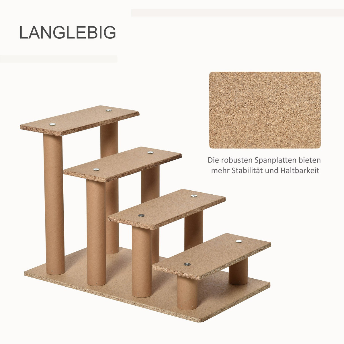 Pet Stairs 4-Step Dog Ramp With Removable Cover, Cat Stairs, Chipboard, Plush, Gray, 60X35X44Cm