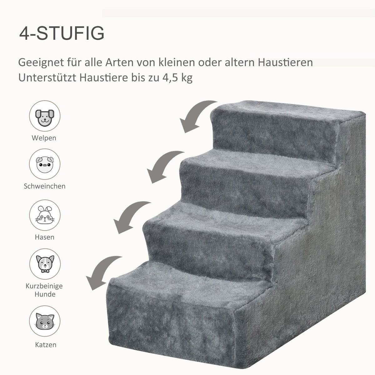 Pet Stairs 4-Step Dog Ramp With Removable Cover, Cat Stairs, Chipboard, Plush, Gray, 60X35X44Cm