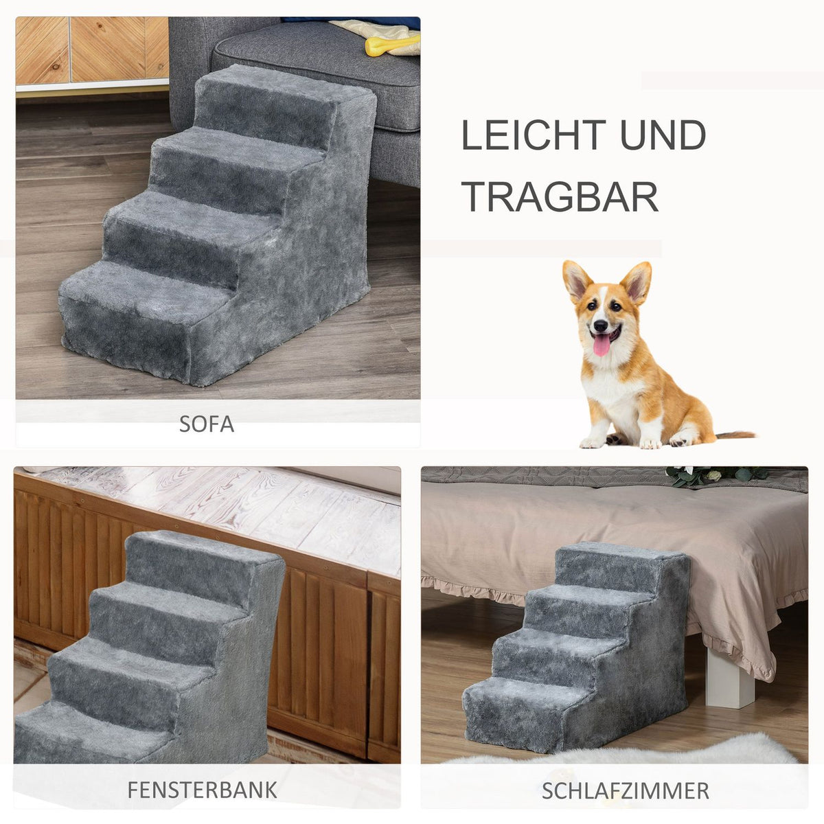 Pet Stairs 4-Step Dog Ramp With Removable Cover, Cat Stairs, Chipboard, Plush, Gray, 60X35X44Cm