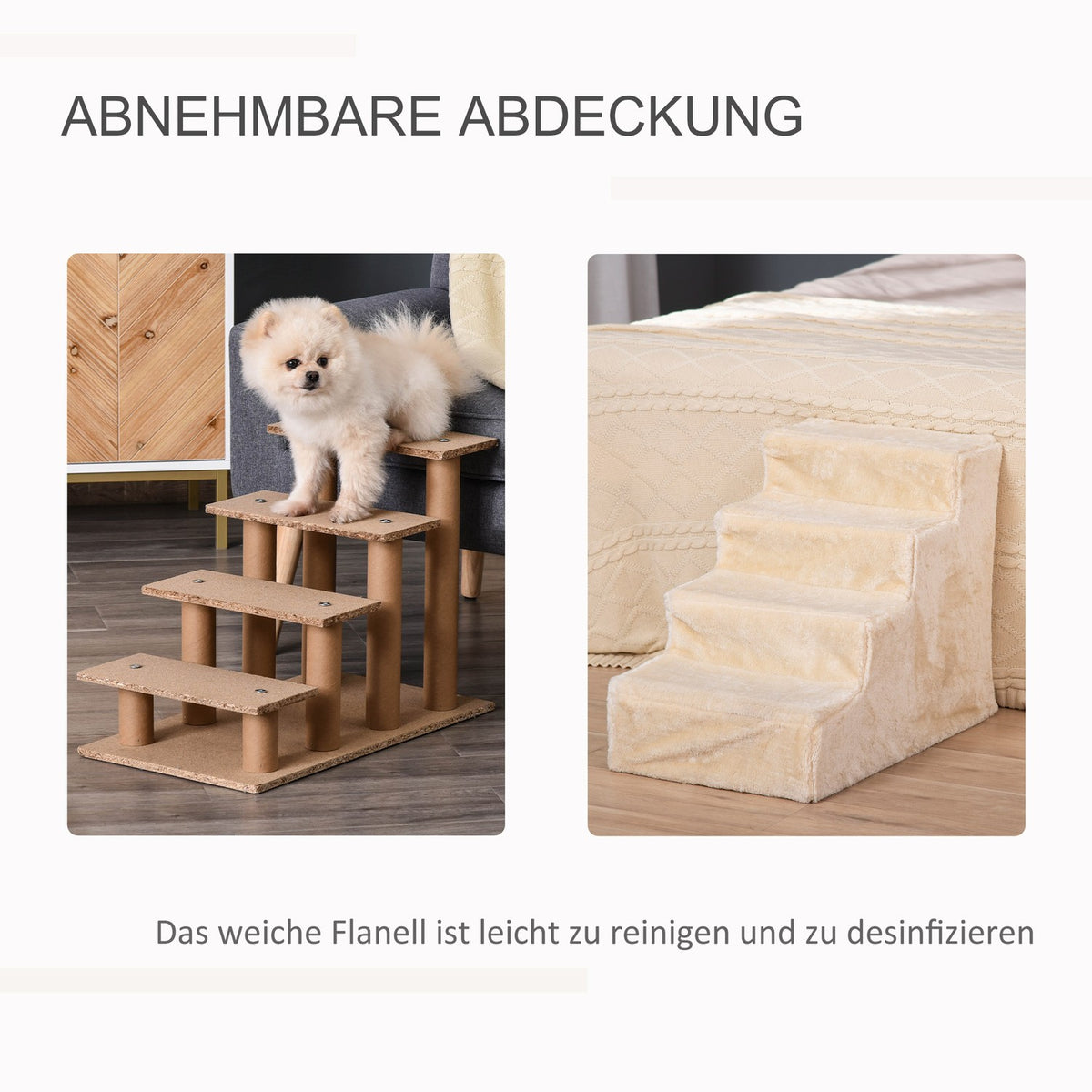 Pet Stairs 4-Step Dog Ramp with Removable Cover Cat Stairs Dog Stairs Animal Stairs Chipboard Plush Beige 60 x 35 x 44 cm