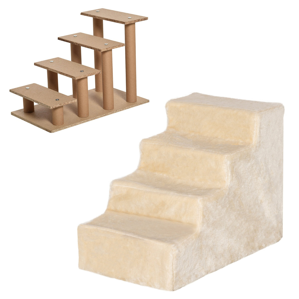 Pet Stairs 4-Step Dog Ramp with Removable Cover Cat Stairs Dog Stairs Animal Stairs Chipboard Plush Beige 60 x 35 x 44 cm