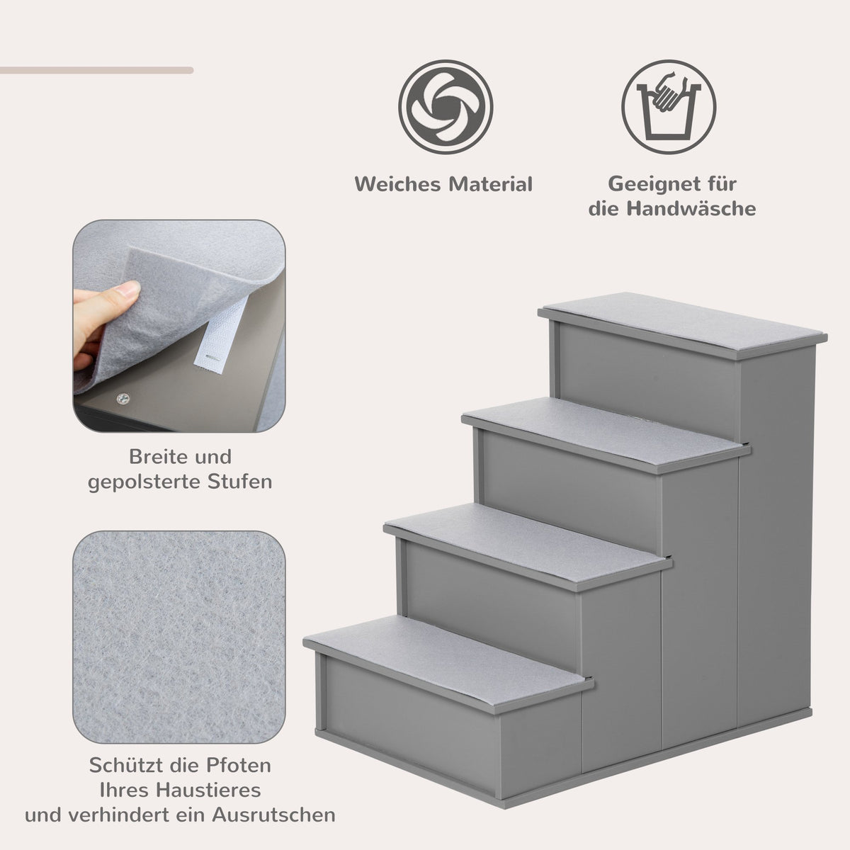 Pet Stairs, 4-Step, Plush Carpet, 30 kg Capacity, Grey