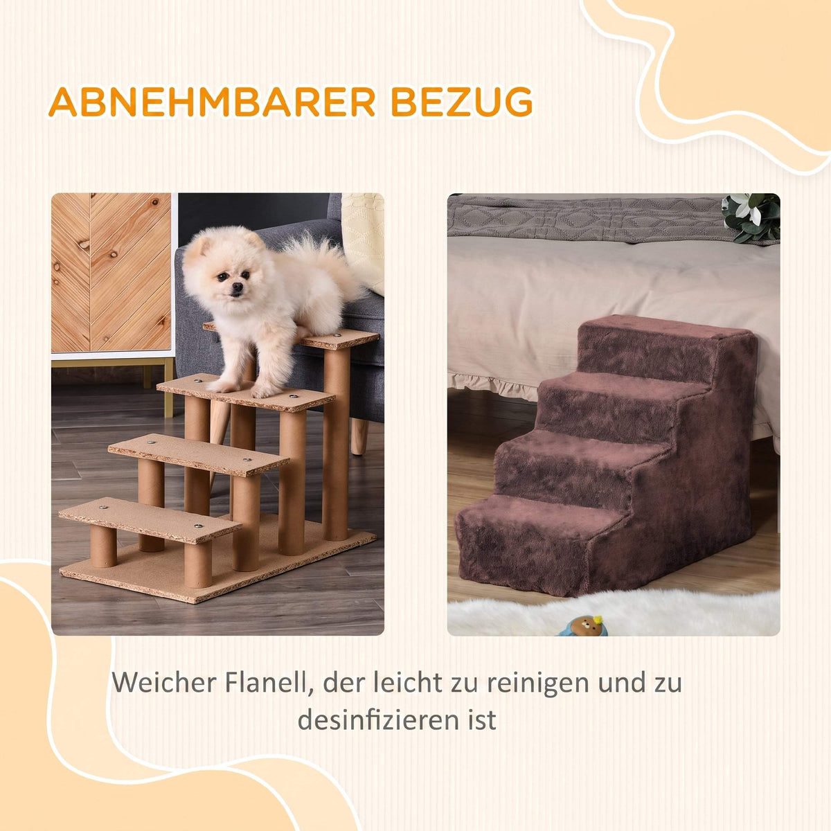 Pet Stairs, 4-Step, Removable Cover, 44 cm, Brown