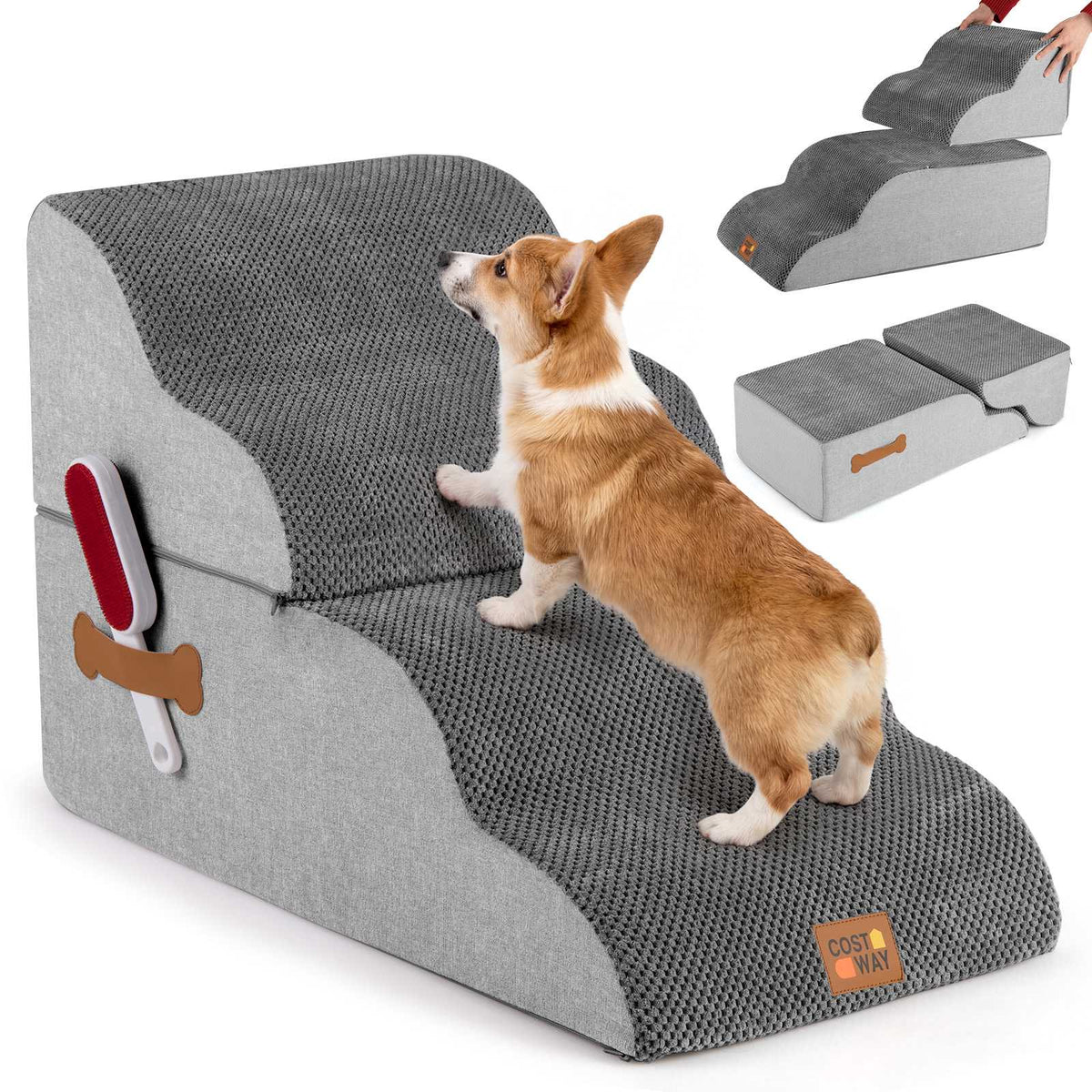 Pet Stairs 4 Steps, Convertible Bed, Non-Slip, Grey