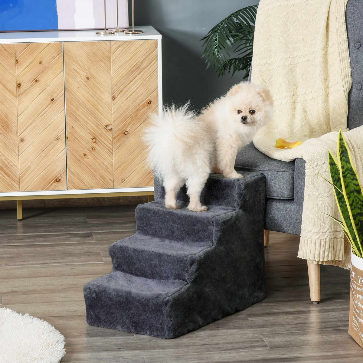 Pet Stairs, 4 Steps, Removable Cover, Dark Gray, 44 cm