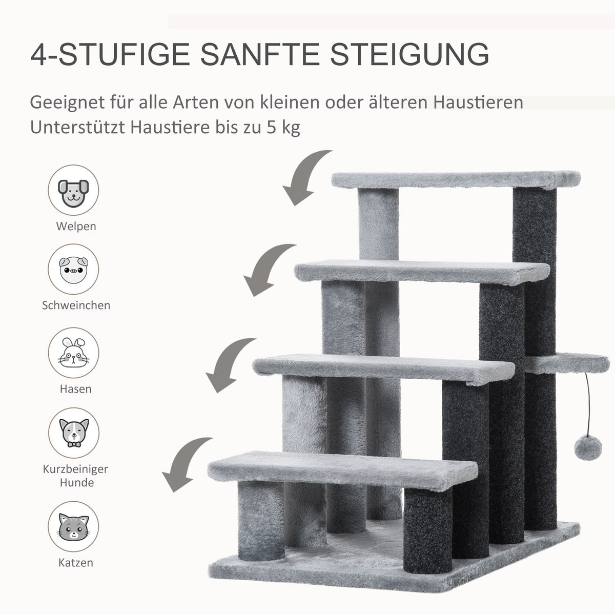 Pet Stairs Cat Stairs With Scratching Post Ball 4-Step Dog Stairs Animal Stairs Chipboard Plush Jute Gray 60 X 40 X 64 Cm