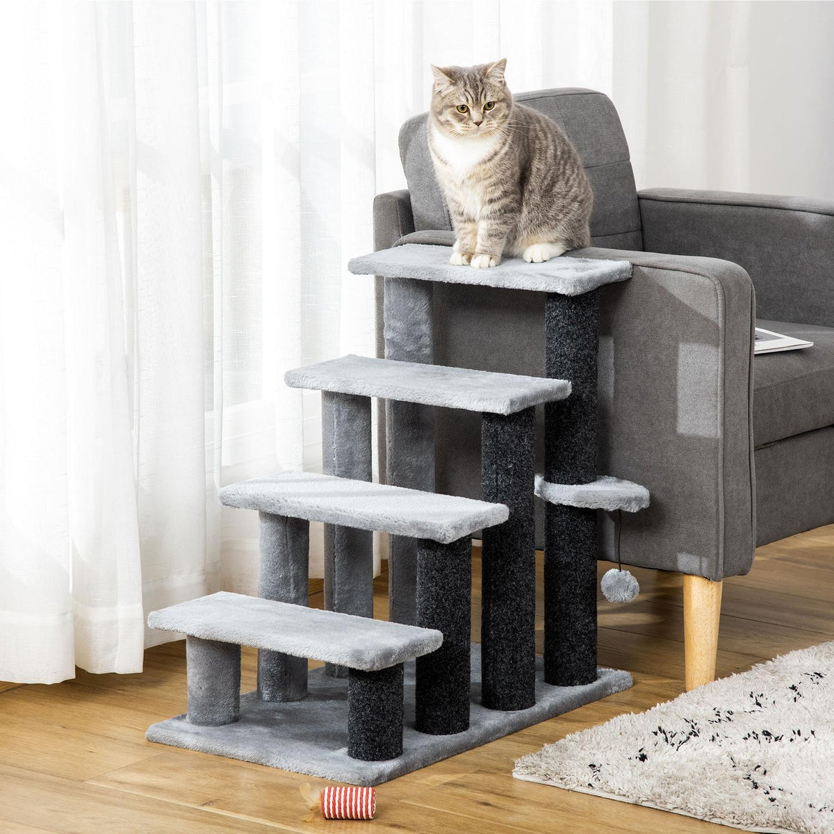 Pet Stairs Cat Stairs With Scratching Post Ball 4-Step Dog Stairs Animal Stairs Chipboard Plush Jute Gray 60 X 40 X 64 Cm