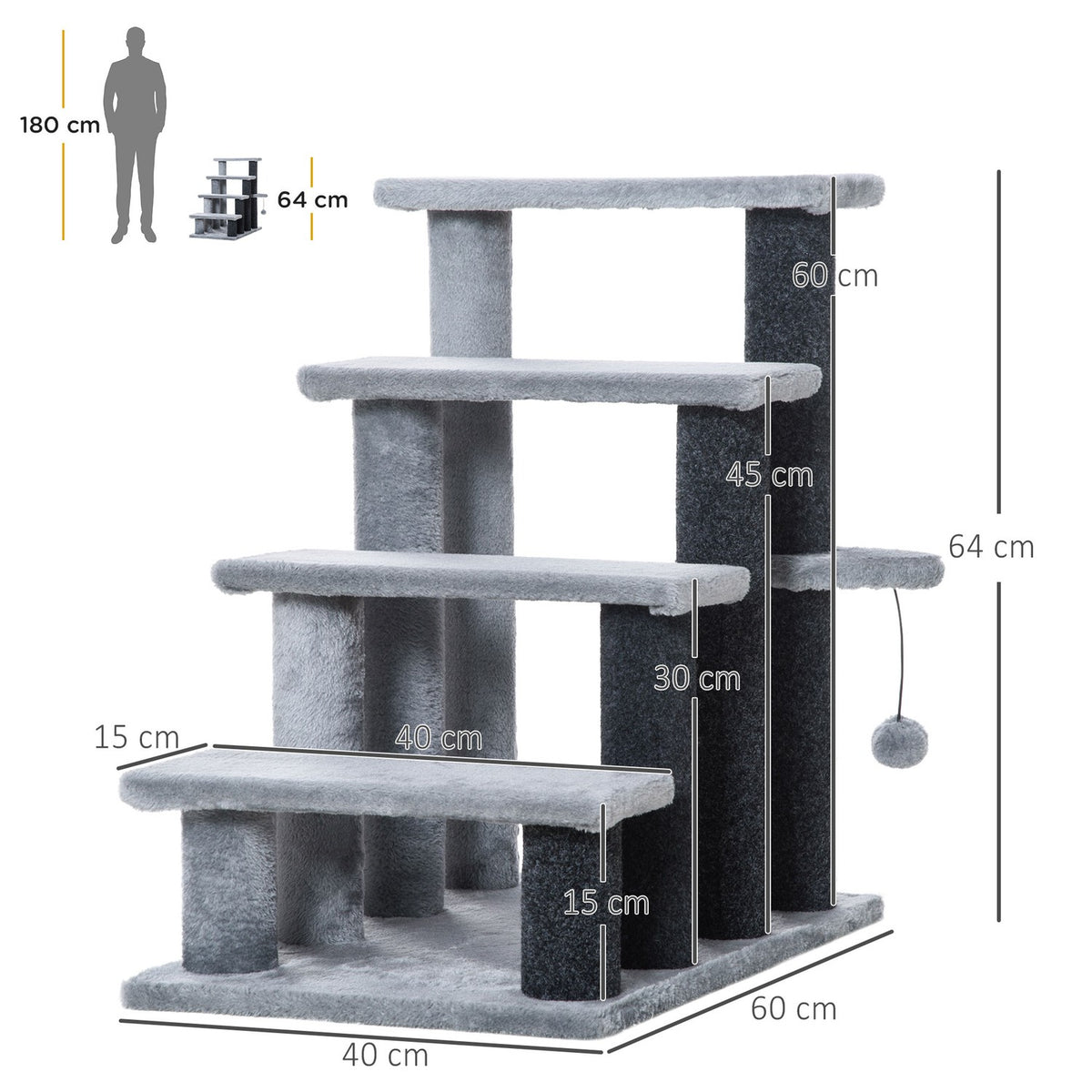 Pet Stairs Cat Stairs With Scratching Post Ball 4-Step Dog Stairs Animal Stairs Chipboard Plush Jute Gray 60 X 40 X 64 Cm