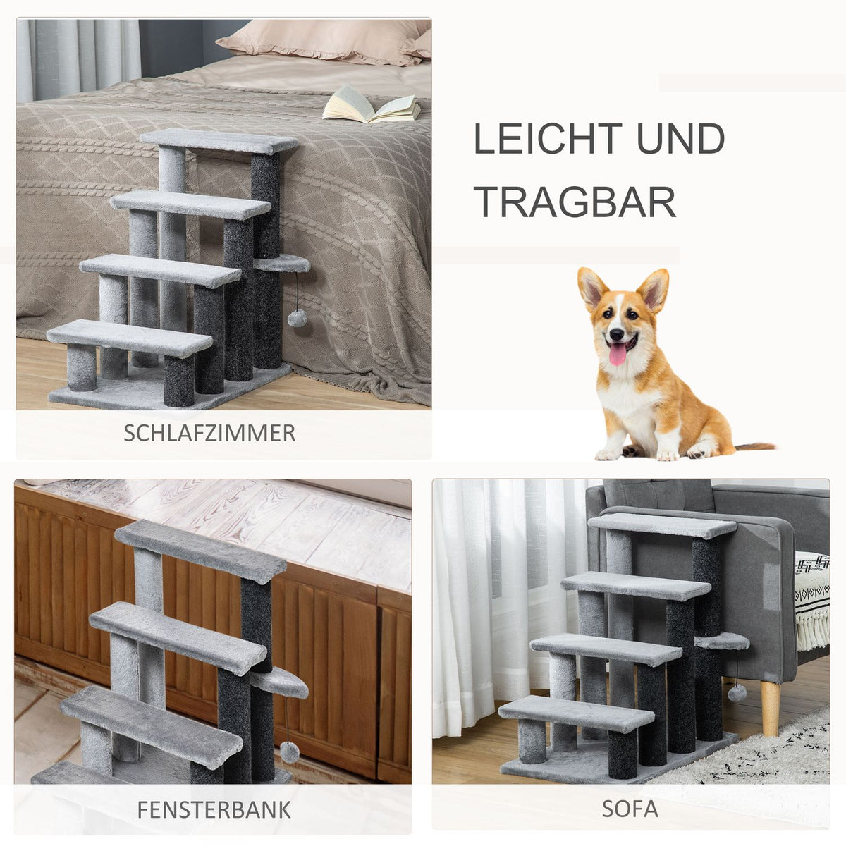 Pet Stairs Cat Stairs With Scratching Post Ball 4-Step Dog Stairs Animal Stairs Chipboard Plush Jute Gray 60 X 40 X 64 Cm