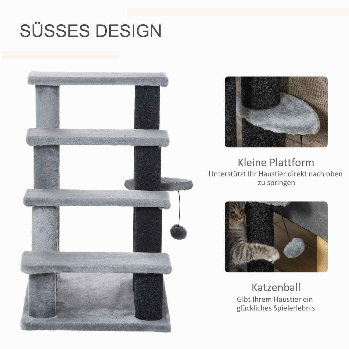 Pet Stairs Cat Stairs With Scratching Post Ball 4-Step Dog Stairs Animal Stairs Chipboard Plush Jute Gray 60 X 40 X 64 Cm
