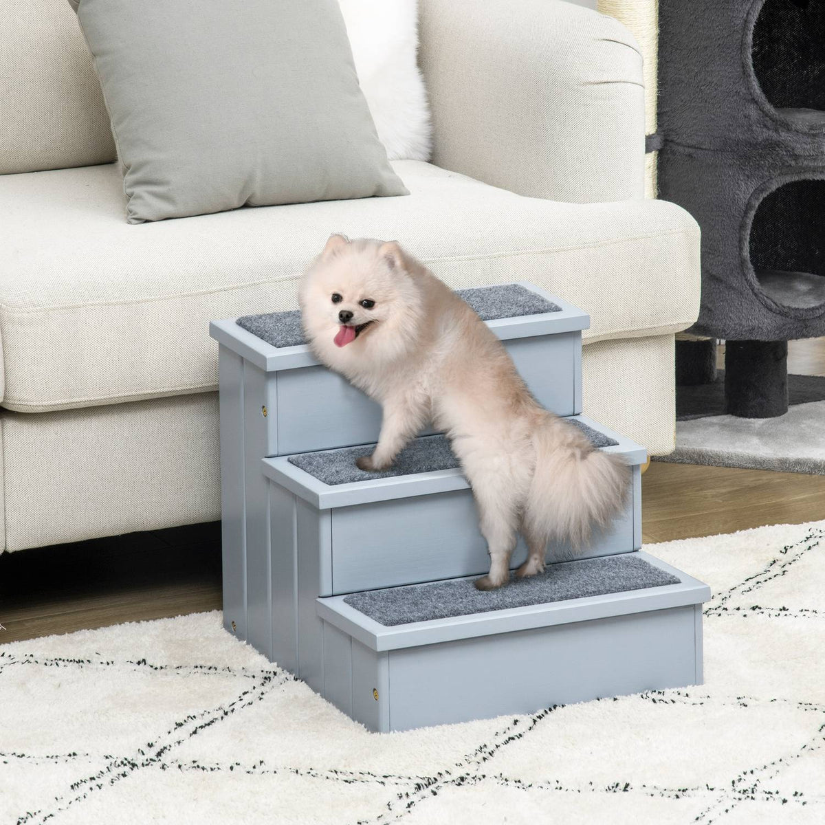 Pet Stairs Dog Stairs With 3 Steps & Carpet, Storage Space, Gray, 40.5X44.5X38 Cm