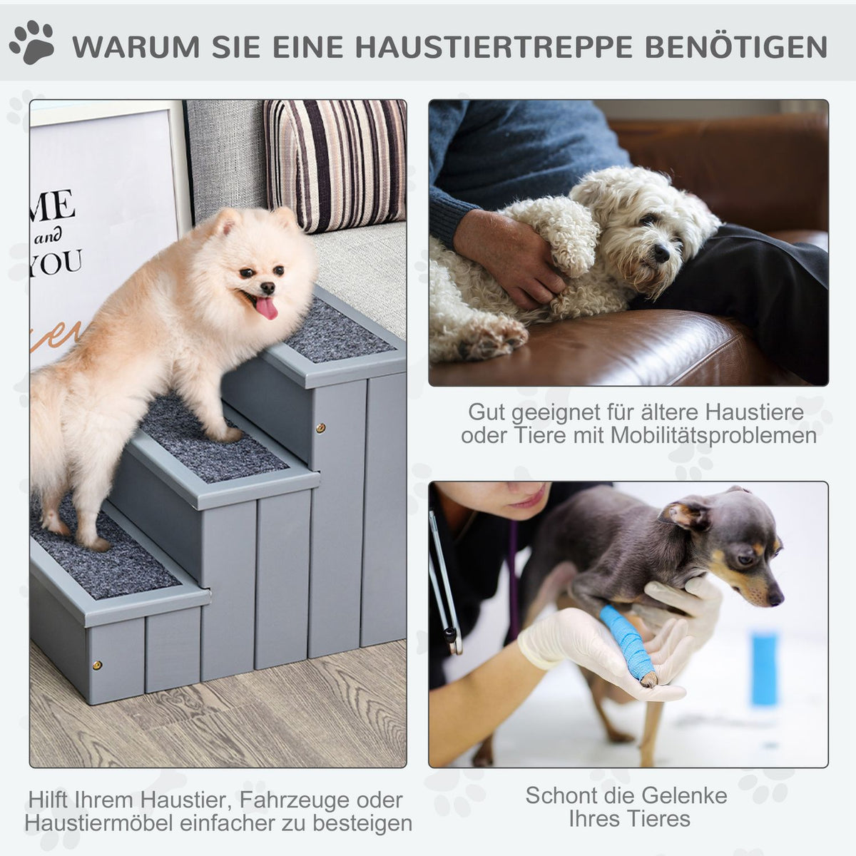 Pet Stairs Dog Stairs With 3 Steps & Carpet, Storage Space, Gray, 40.5X44.5X38 Cm