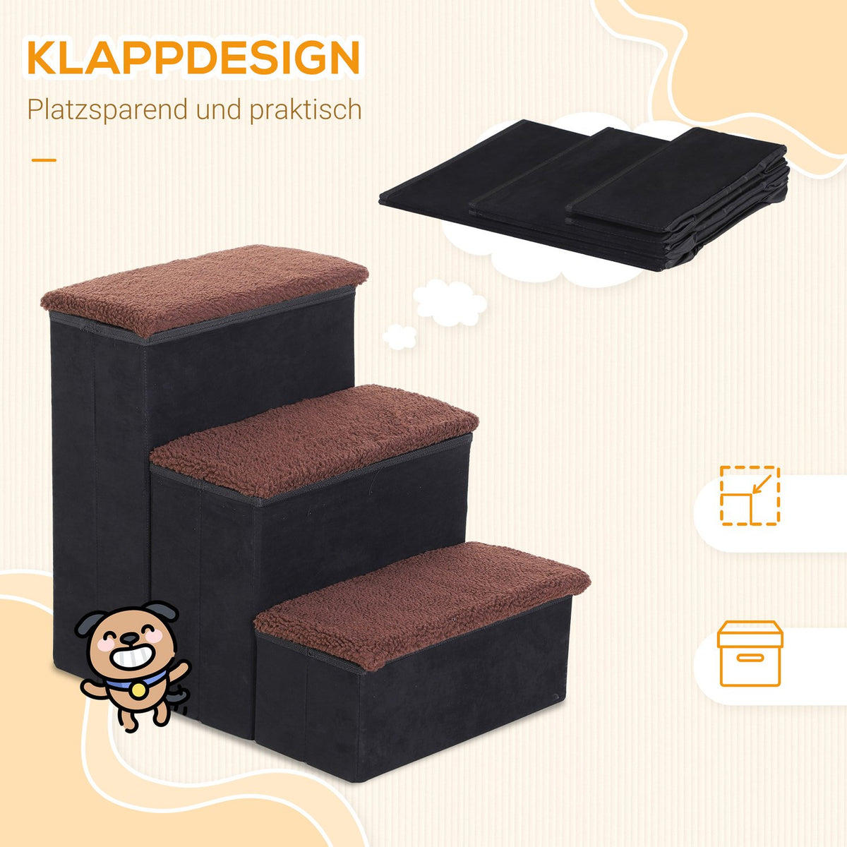 Pet Stairs Foldable Cat Stairs/Dog Stairs With 3 Steps & Storage Space, For Cats And Dogs, Mdf, Black, 40X54X48Cm