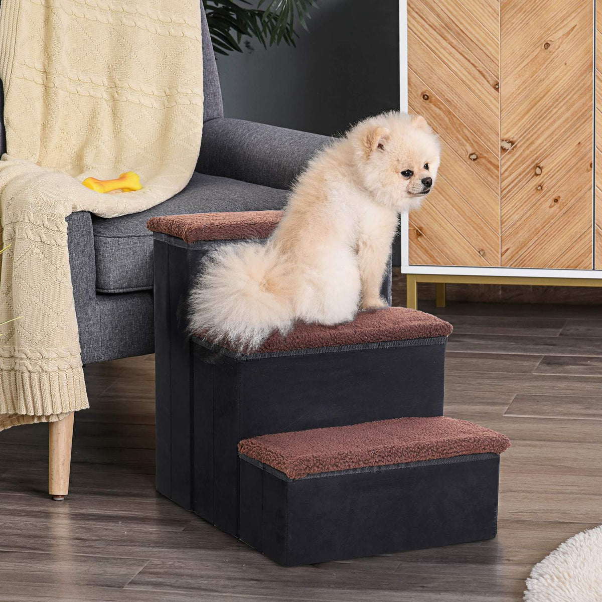 Pet Stairs Foldable Cat Stairs/Dog Stairs With 3 Steps & Storage Space, For Cats And Dogs, Mdf, Black, 40X54X48Cm