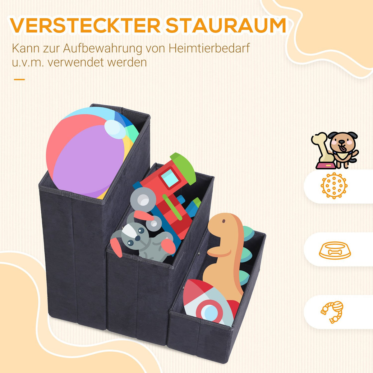 Pet Stairs Foldable Cat Stairs/Dog Stairs With 3 Steps & Storage Space, For Cats And Dogs, Mdf, Black, 40X54X48Cm