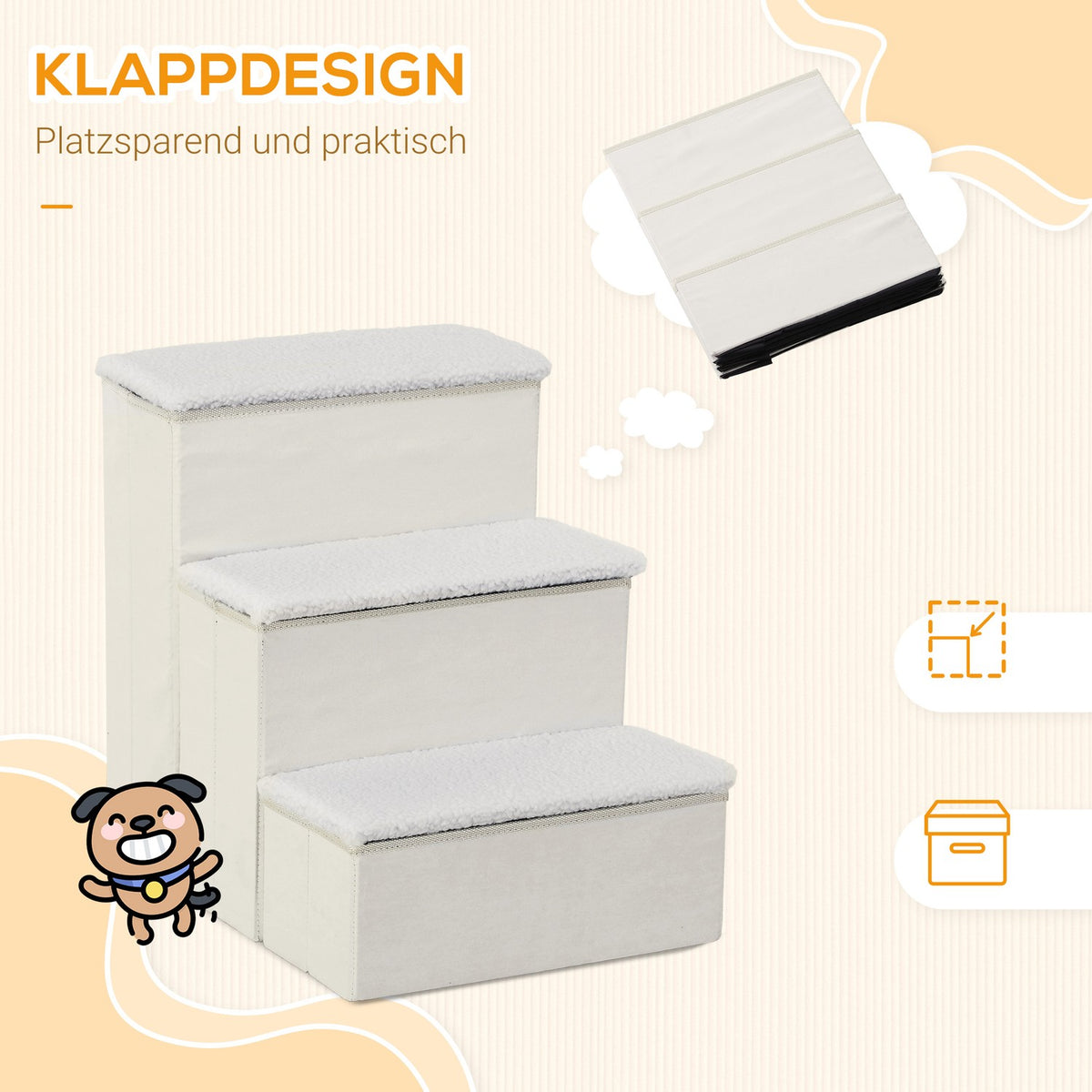Pet Stairs Foldable Cat Stairs/Dog Stairs With 3 Steps & Storage Space, For Cats And Dogs, Mdf, White, 40X54X48Cm