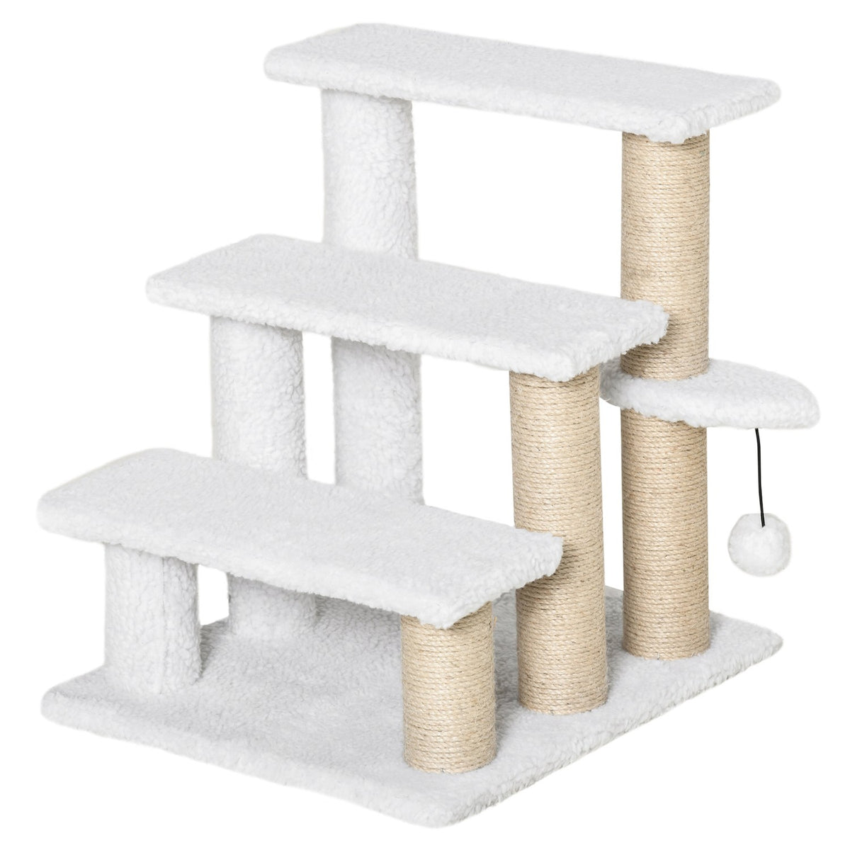 Pet Stairs With Scratching Post Ball 3-Step Cat Stairs Dog Stairs Animal Stairs Chipboard Plush Jute White 45 X 40 X 48 Cm