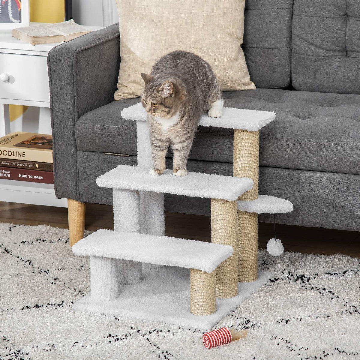 Pet Stairs With Scratching Post Ball 3-Step Cat Stairs Dog Stairs Animal Stairs Chipboard Plush Jute White 45 X 40 X 48 Cm