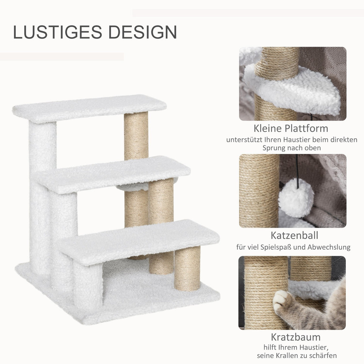 Pet Stairs With Scratching Post Ball 3-Step Cat Stairs Dog Stairs Animal Stairs Chipboard Plush Jute White 45 X 40 X 48 Cm