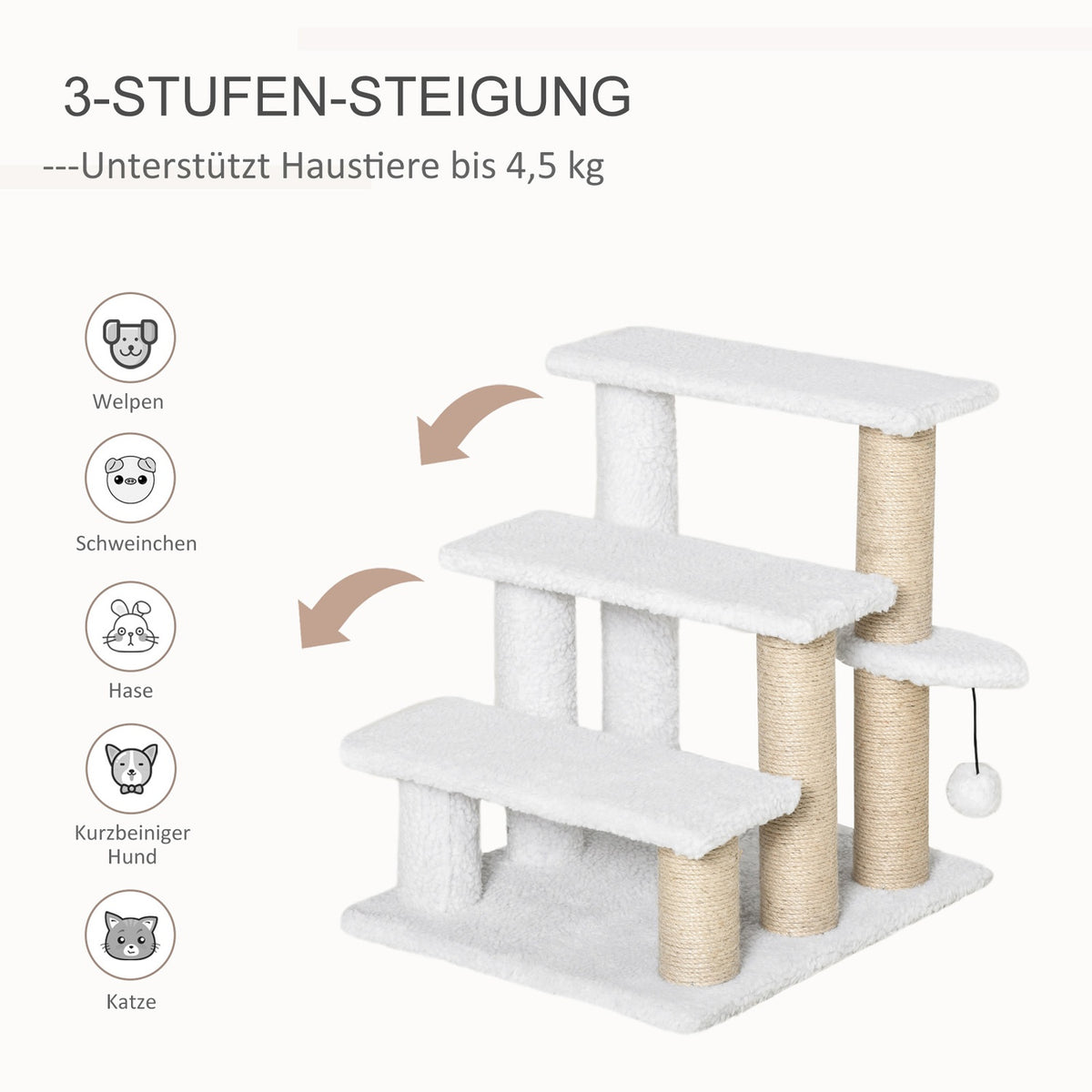 Pet Stairs With Scratching Post Ball 3-Step Cat Stairs Dog Stairs Animal Stairs Chipboard Plush Jute White 45 X 40 X 48 Cm