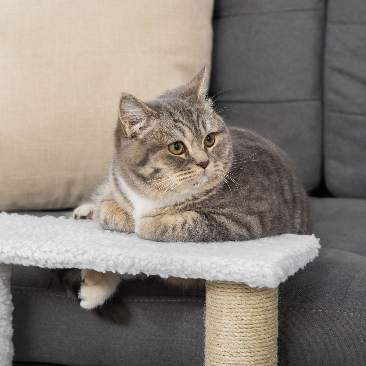 Pet Stairs With Scratching Post Ball 3-Step Cat Stairs Dog Stairs Animal Stairs Chipboard Plush Jute White 45 X 40 X 48 Cm