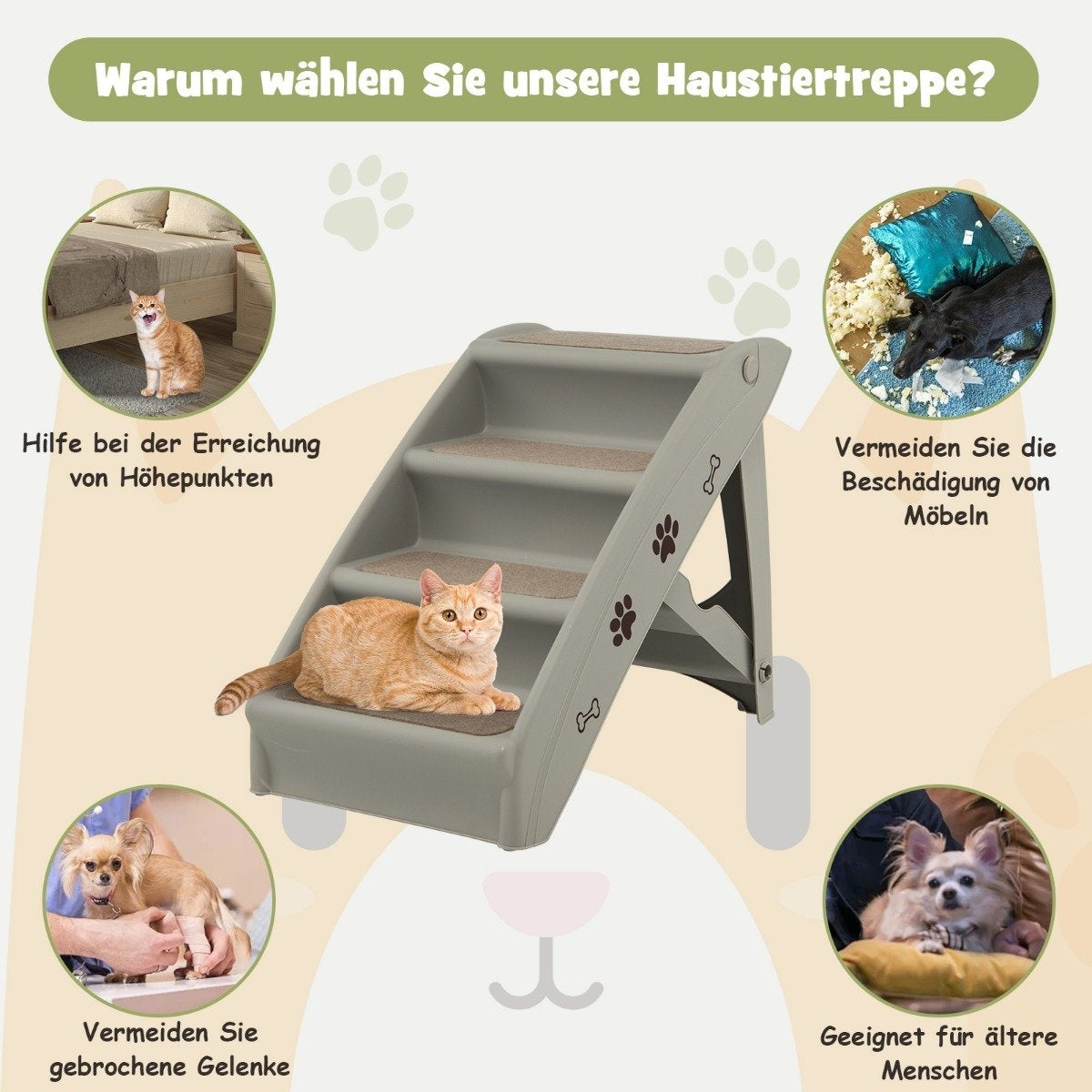 Pet Stairs with 4 Steps Portable Climbing Ladder Safe Dog Ramp 62.5 x 38 x 49cm Gray