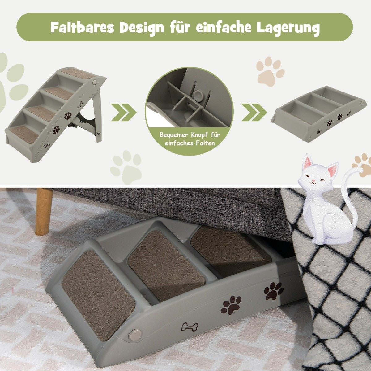 Pet Stairs with 4 Steps Portable Climbing Ladder Safe Dog Ramp 62.5 x 38 x 49cm Gray