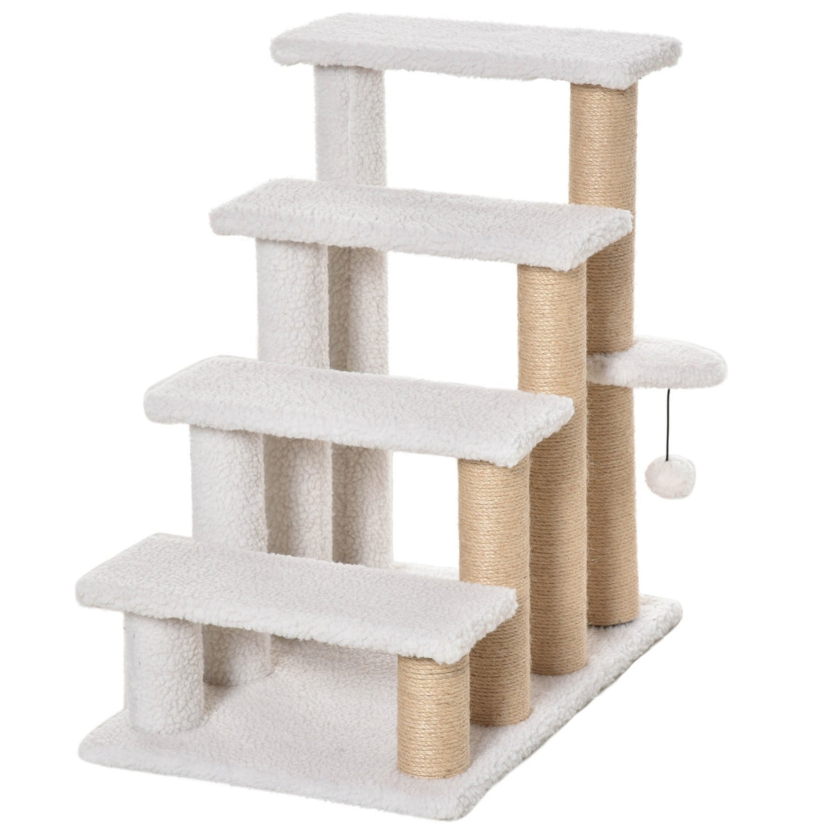 Pet Stairs with Scratching Post 4-Step Cat Stairs & Dog Stairs, Chipboard, Plush, Jute, White, 60x40x64cm