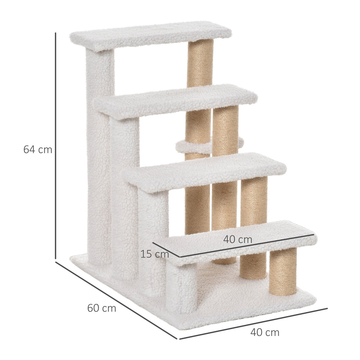 Pet Stairs with Scratching Post 4-Step Cat Stairs & Dog Stairs, Chipboard, Plush, Jute, White, 60x40x64cm