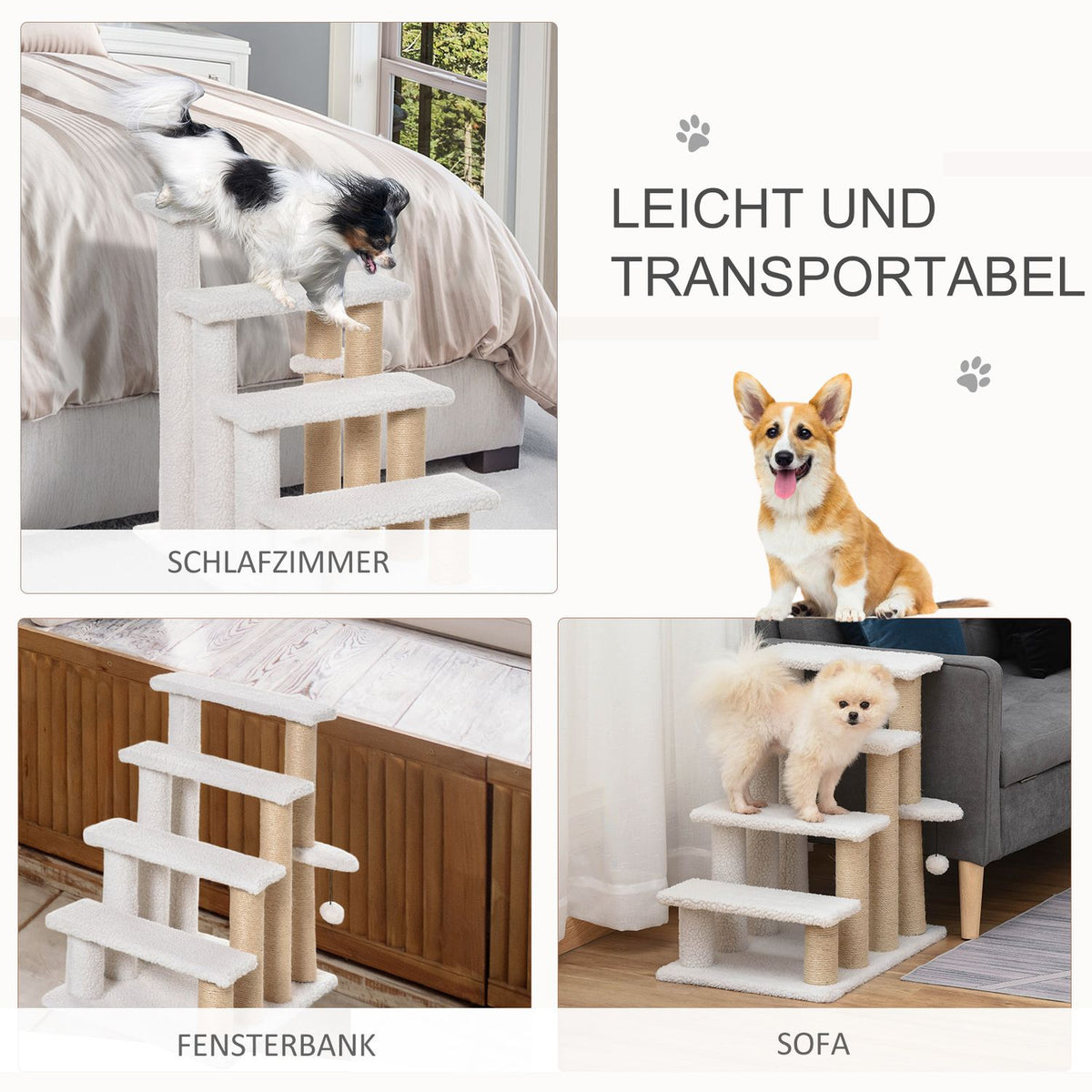 Pet Stairs with Scratching Post 4-Step Cat Stairs & Dog Stairs, Chipboard, Plush, Jute, White, 60x40x64cm