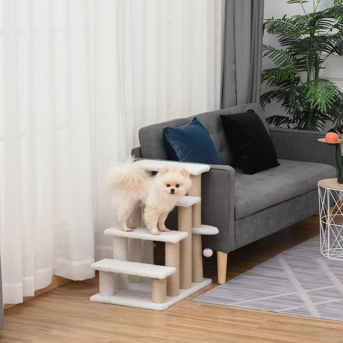 Pet Stairs with Scratching Post 4-Step Cat Stairs & Dog Stairs, Chipboard, Plush, Jute, White, 60x40x64cm
