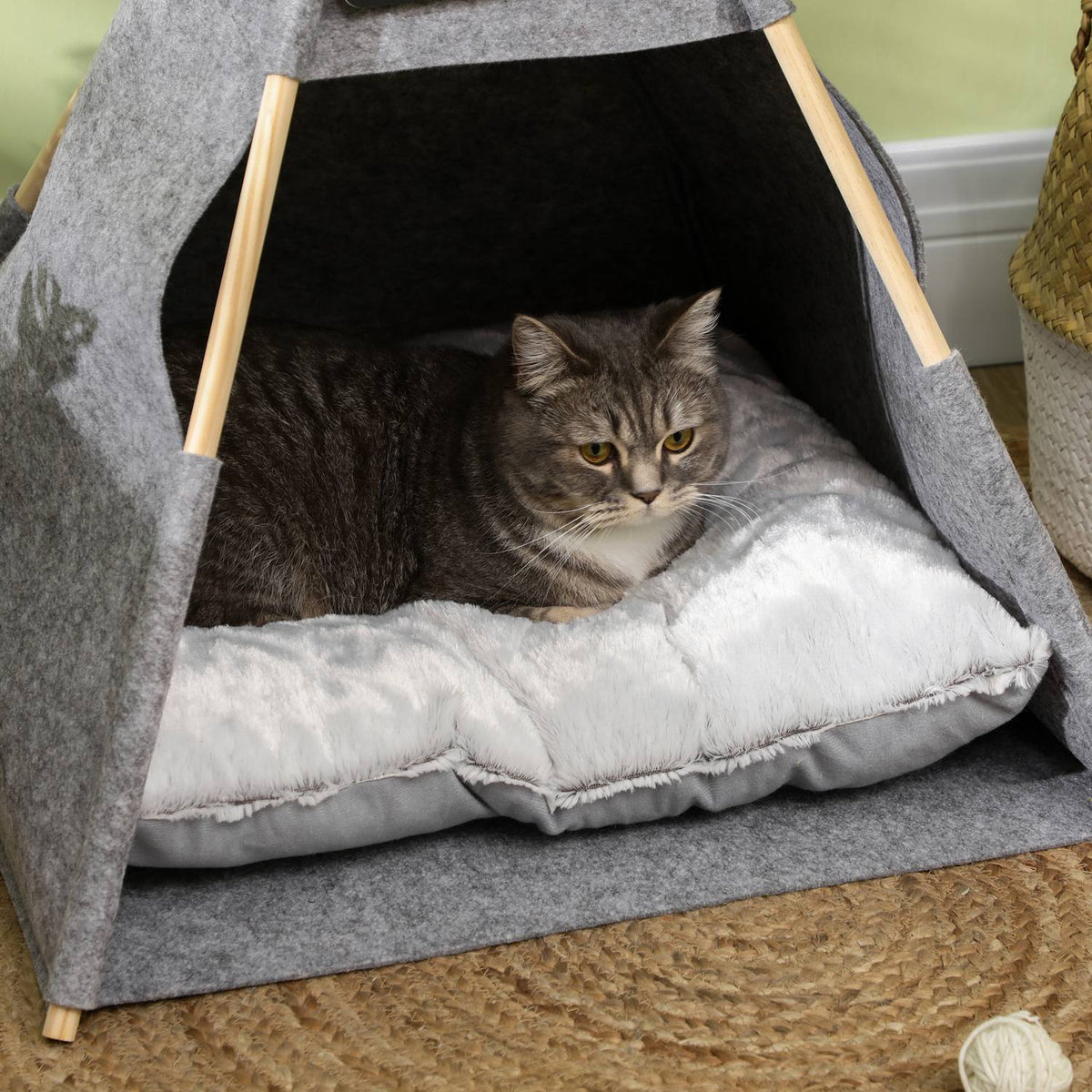 Pet Tent Cozy Cat House & Dog Tent With Soft Cushion Plush Felt Machine Washable Gray 58X58X80Cm