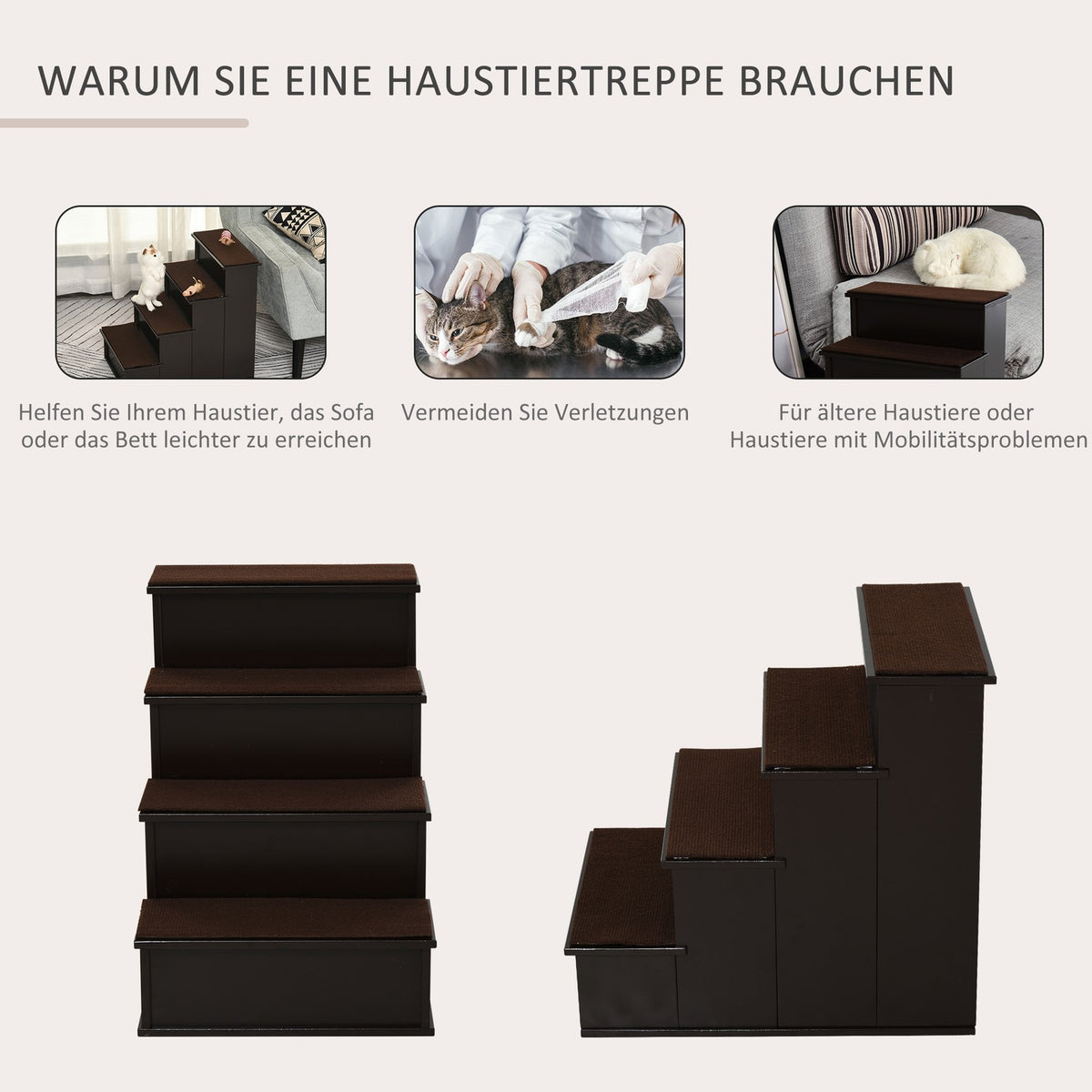 Pet stairs, dog stairs/cat stairs with carpet, entry aid, MDF, dark brown, 40x59x54.2cm