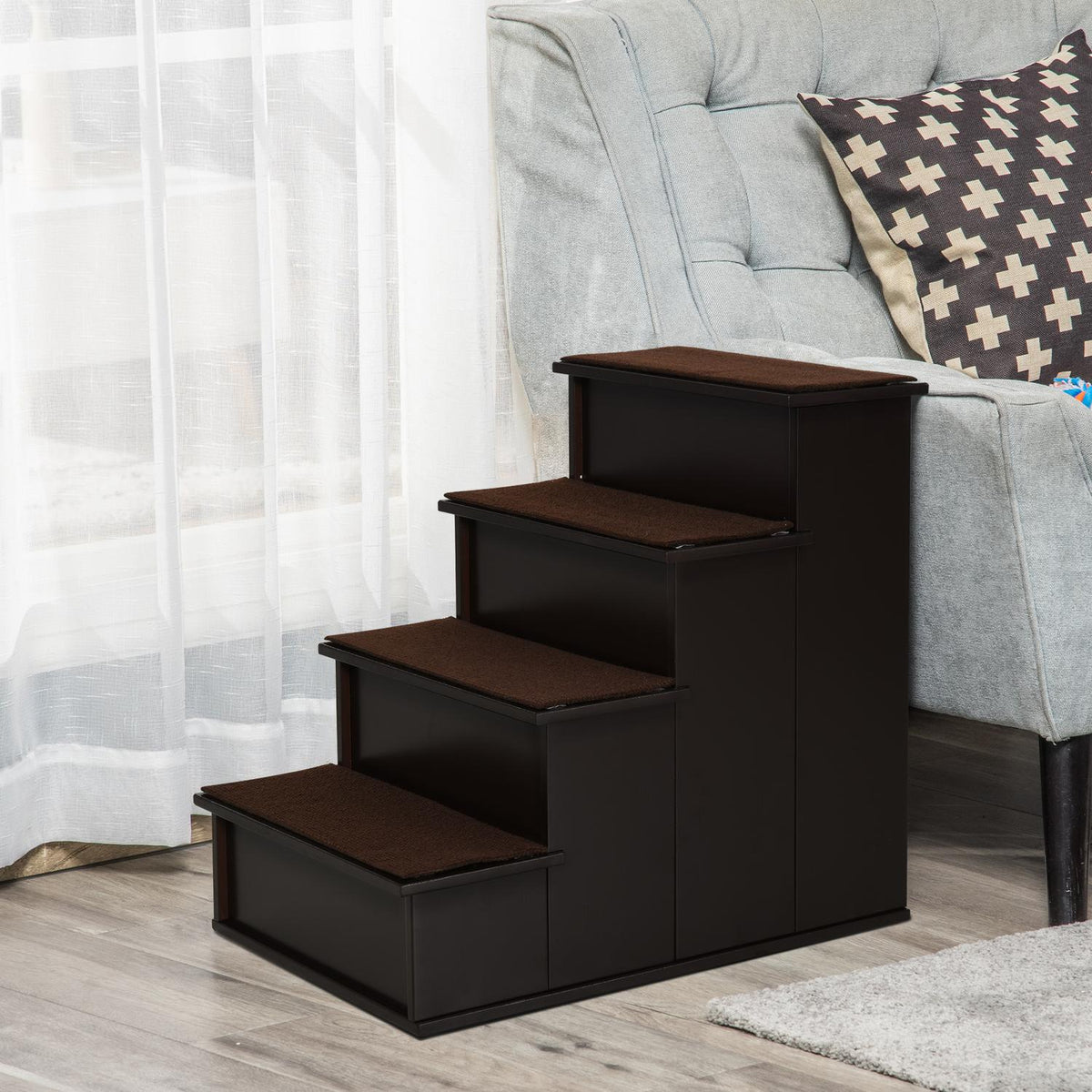 Pet stairs, dog stairs/cat stairs with carpet, entry aid, MDF, dark brown, 40x59x54.2cm